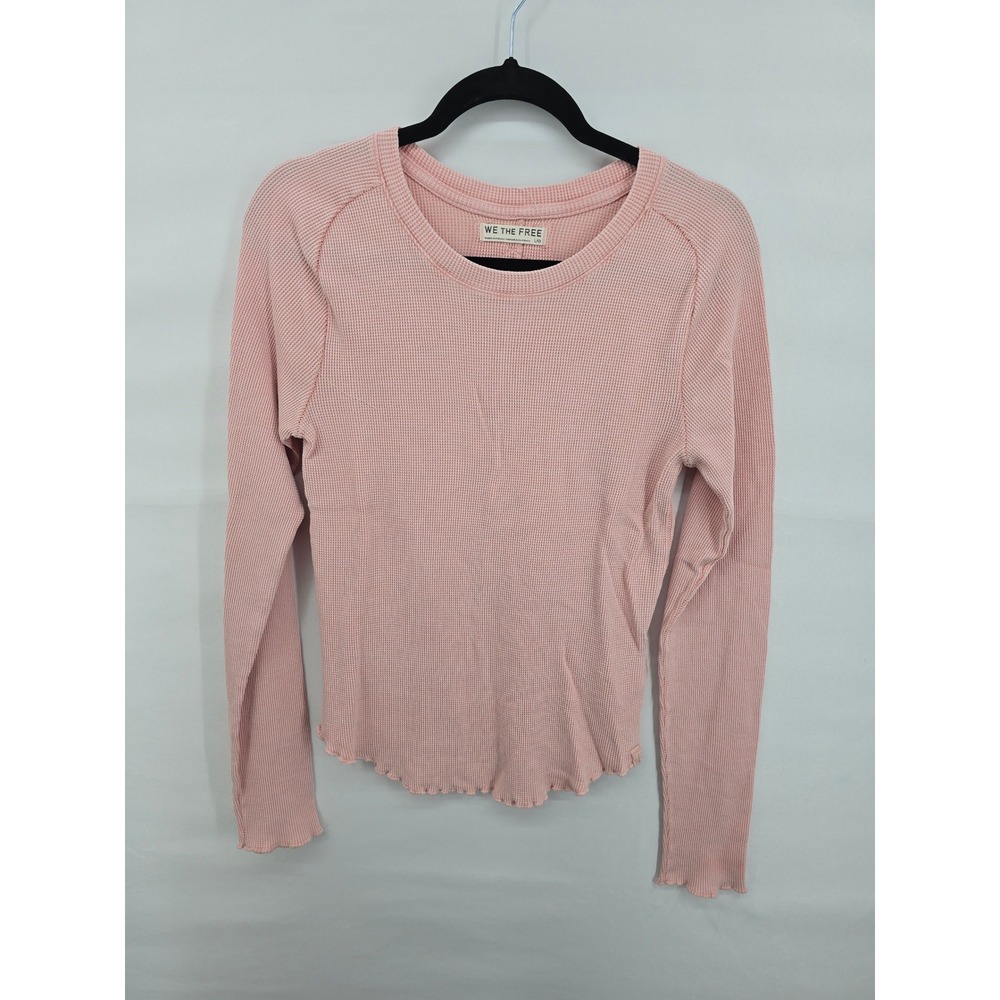 We The Free Free People Pink Waffle Knit Thermal Long Sleeve Lettuce Edge Top L